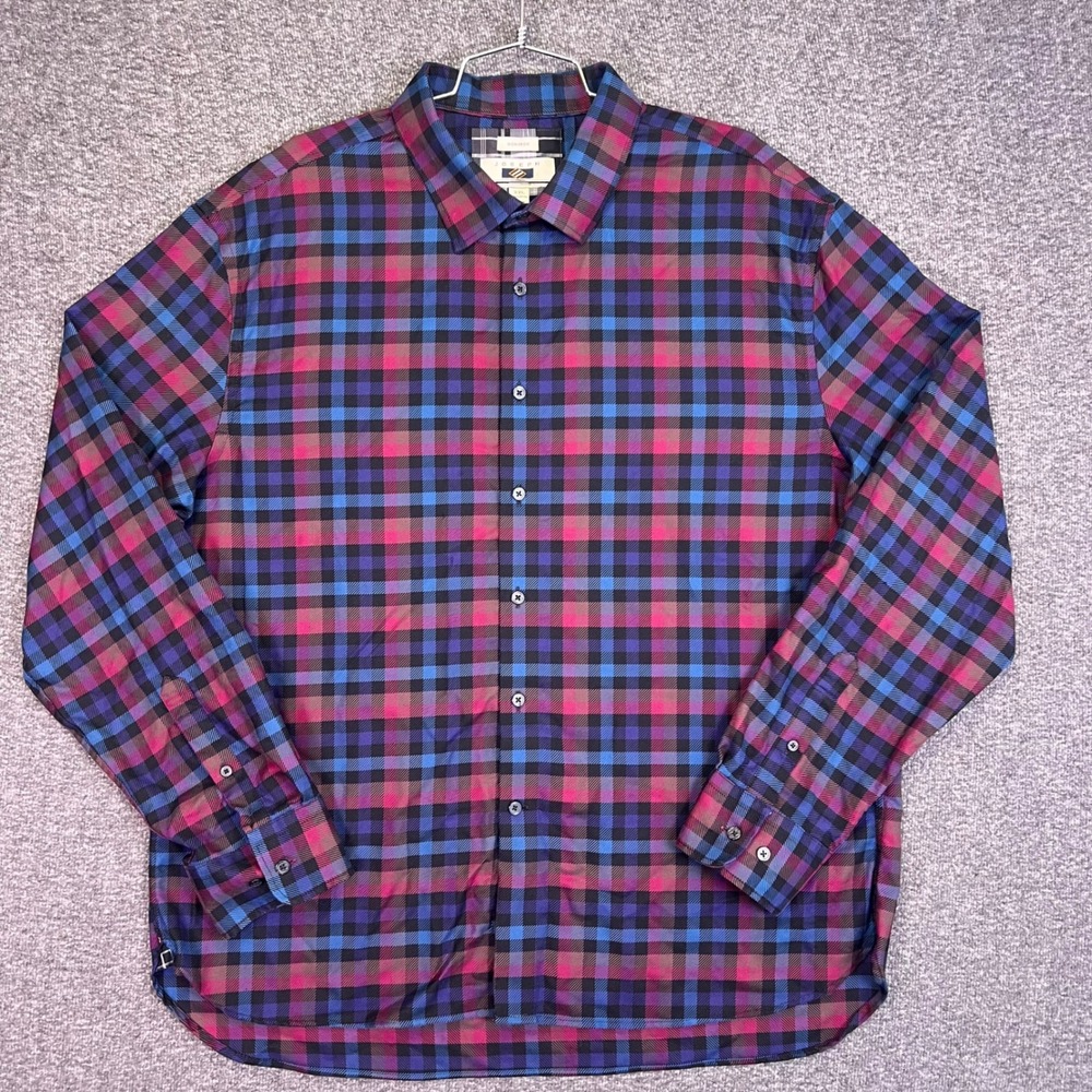 Joseph Abboud Shirt Men XXL Preppy Blue Pink Plaid Casual Non-Iron Cotton Button